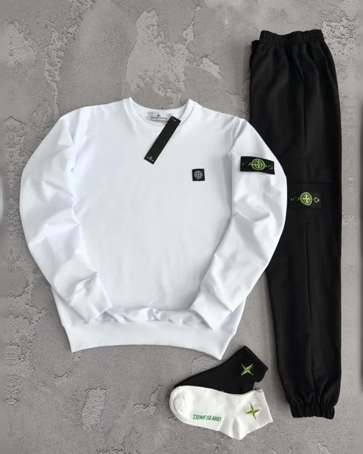 Набір Stone Island біло-чорний світшот та штани