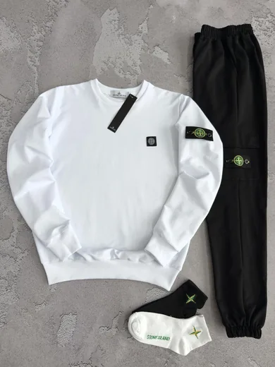 Набір Stone Island біло-чорний світшот та штани