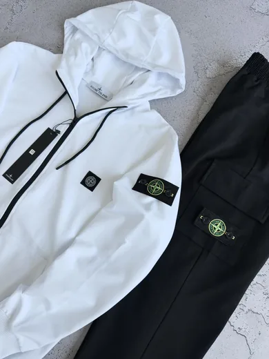 Набір Stone Island біло-чорний зіп-худі та штани фото 3