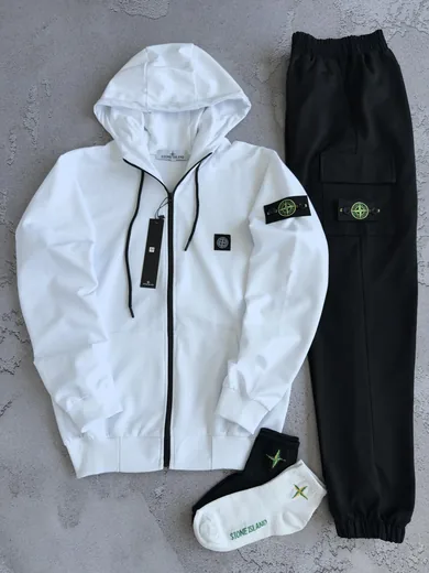 Набір Stone Island біло-чорний зіп-худі та штани фото 2