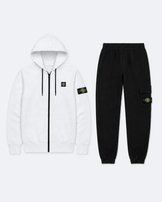 Набір Stone Island біло-чорний зіп-худі та штани