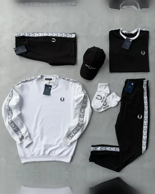 Набір Fred Perry 7 в 1 білий світшот чорні штани футболка шорти та кепка