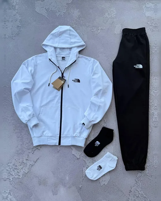 Набір The North Face вишивка зіп-худі білий штани чорні