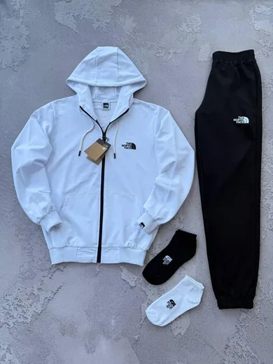 Набір The North Face вишивка зіп-худі білий штани чорні