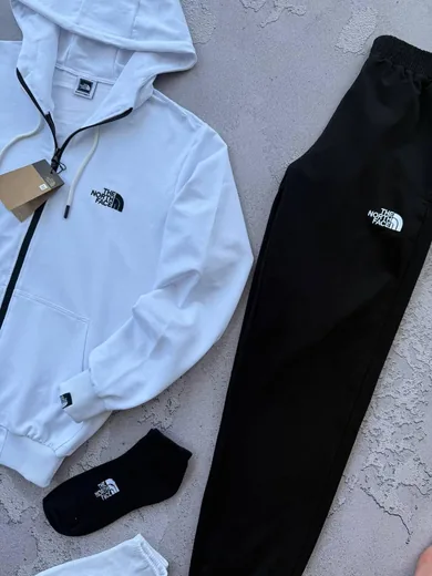 Набір The North Face вишивка зіп-худі білий штани чорні фото 2