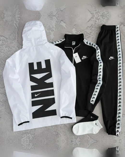 Набір Nike вітрівка біла кофта та штани з лампасами чорні