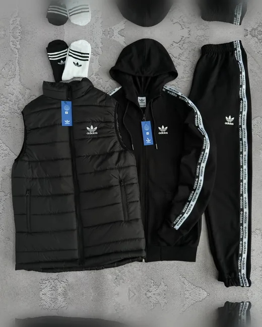 Набір Adidas жилет зіп-худі та штани з лампасами чорний