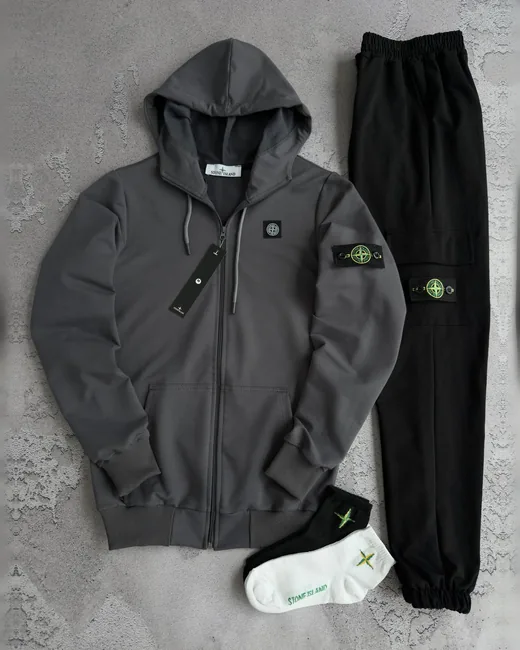 Набір Stone Island графітовий зіп-худі чорні штани