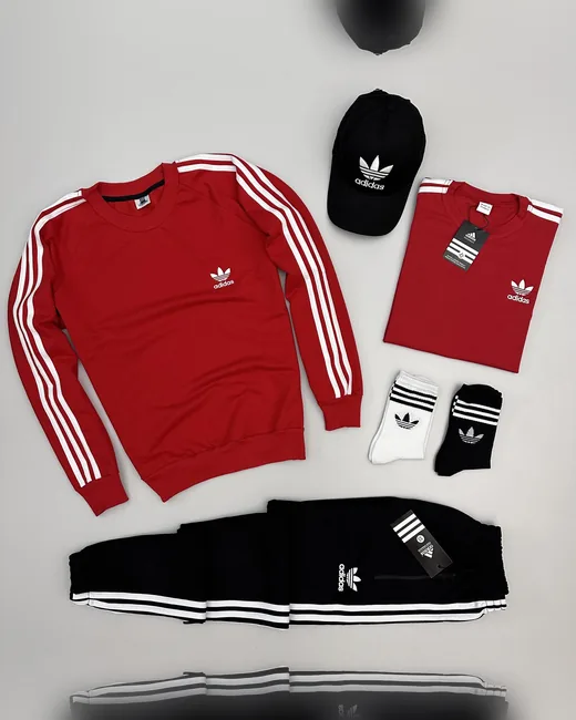 Набір Adidas світшот червоний футболка червона штани кепка 2 пари шкарпеток