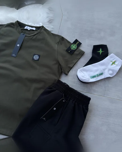 Набір Stone Island футболка хакі шорти чорні фото 3