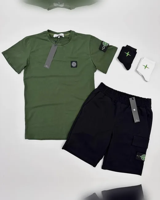 Набір Stone Island футболка хакі шорти чорні фото 5
