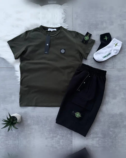 Набір Stone Island футболка хакі шорти чорні
